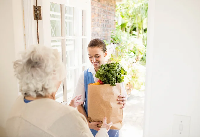 A caregiver delivering a bag of fresh groceries to an elderly woman at her front door