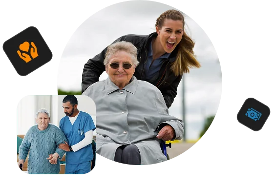 A caregiver joyfully pushing an elderly woman in a wheelchair outdoors; inset of a caregiver helping an elderly man walk