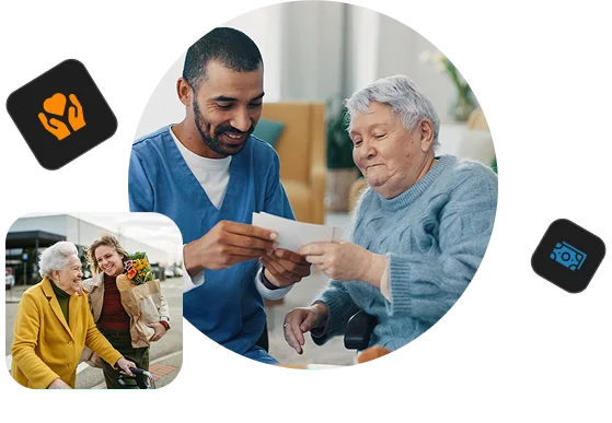 A caregiver reviewing a document with a senior woman; inset of a companion walking with an elderly woman outdoors